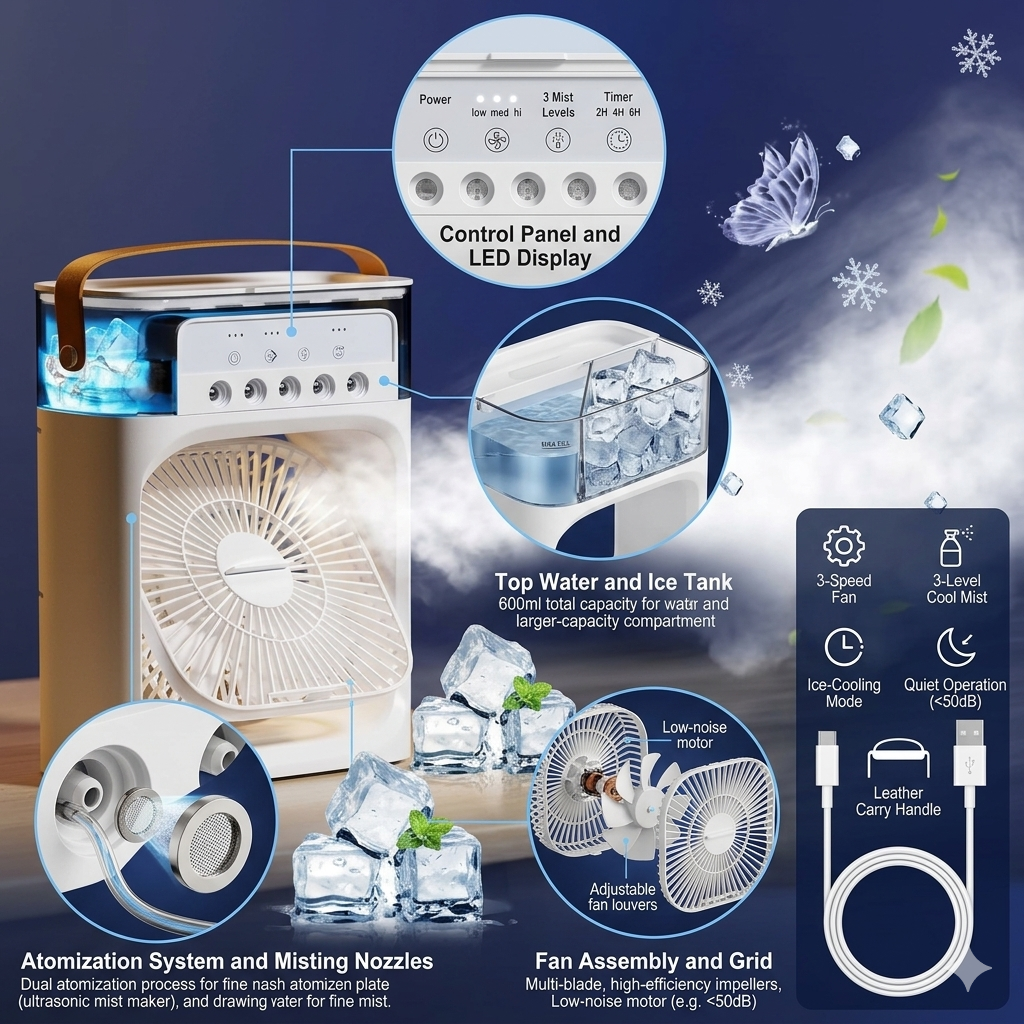 Portable Air Cooler Fan with Water Tank & USB Power